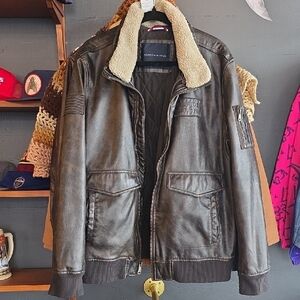 Vintage Tommy Hilfiger Men's Dark Brown Bomber Jacket